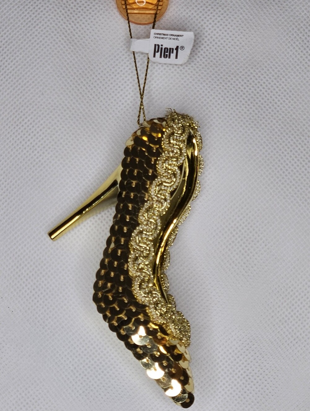 Pier 1 Gold Sequin High Heel Shoe Christmas Ornament NWT